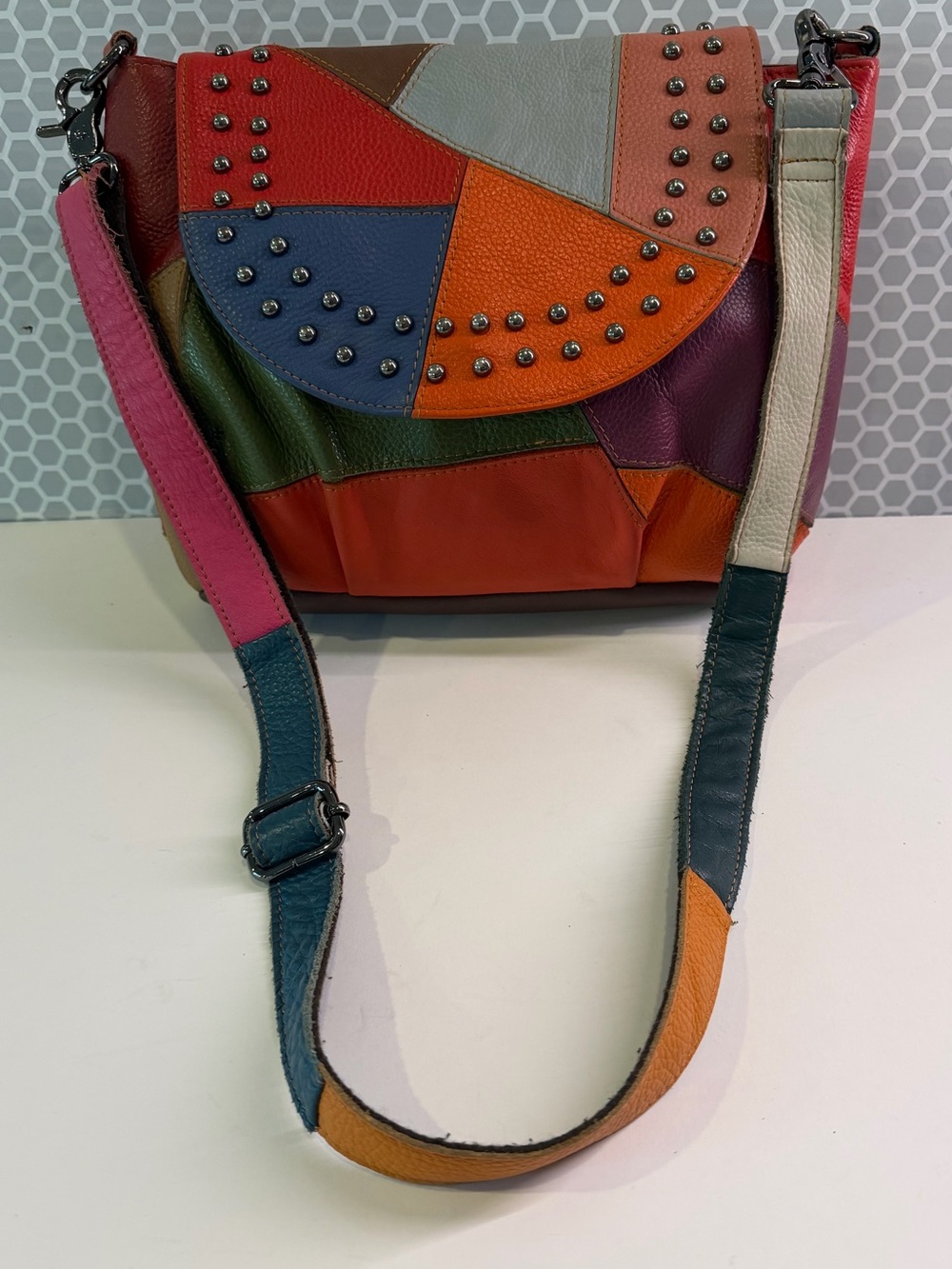 Ameri Leather Multicolor Patchwork Leather Crossbody Bag